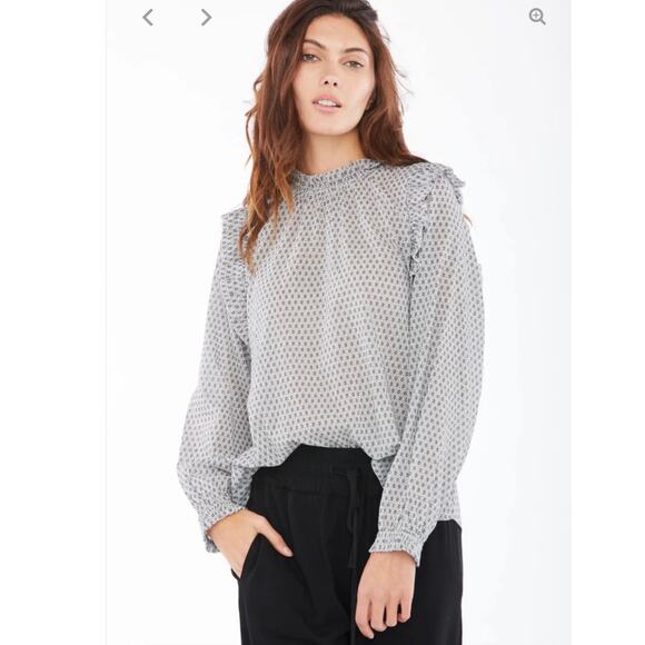 NWT SUNDAYS Alexa Blouse Ruffle Blouse White Gray Cotton Printed Medium - Picture 1 of 6